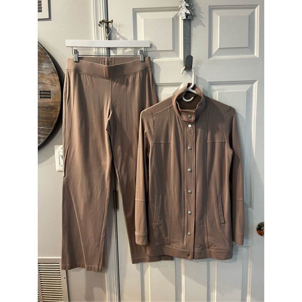 Eileen Fisher Tan Zip Up and Snap Track Suit sz PS EUC